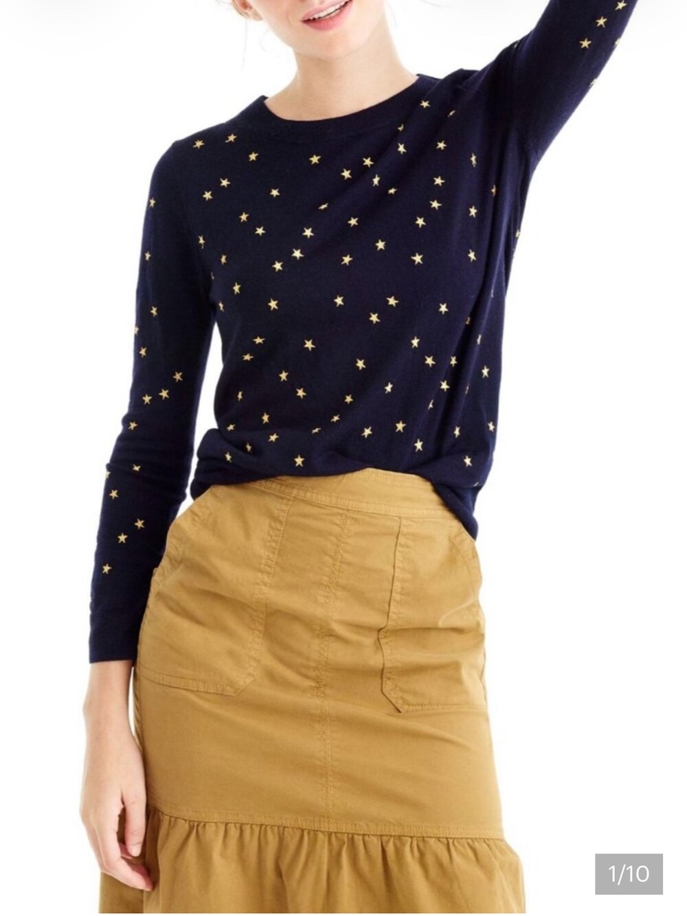 J.Crew Tippi in Navy Gold Embroidered Stars Merino Wool Sweater